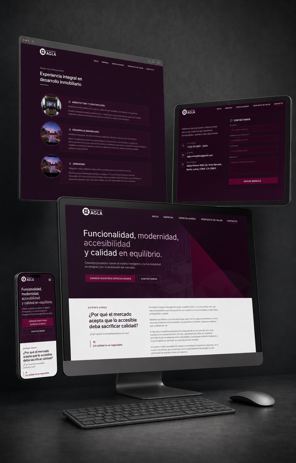 Sitio web de desarrollo inmobiliario mostrado en computadora, tablet y celular