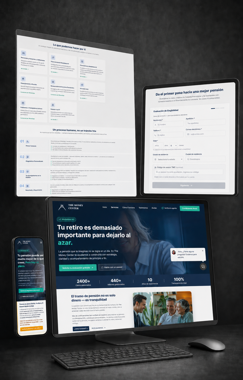 Sitio web de asesoría en pensiones y retiro mostrado en computadora, tablet y celular