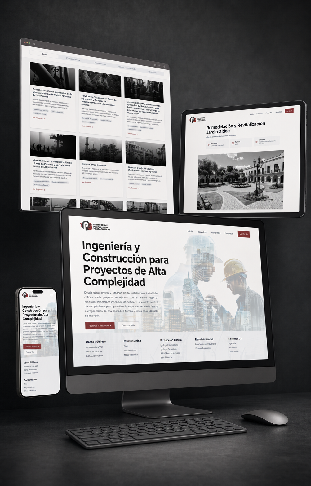 Sitio web de ingeniería y construcción industrial mostrado en computadora, tablet y celular