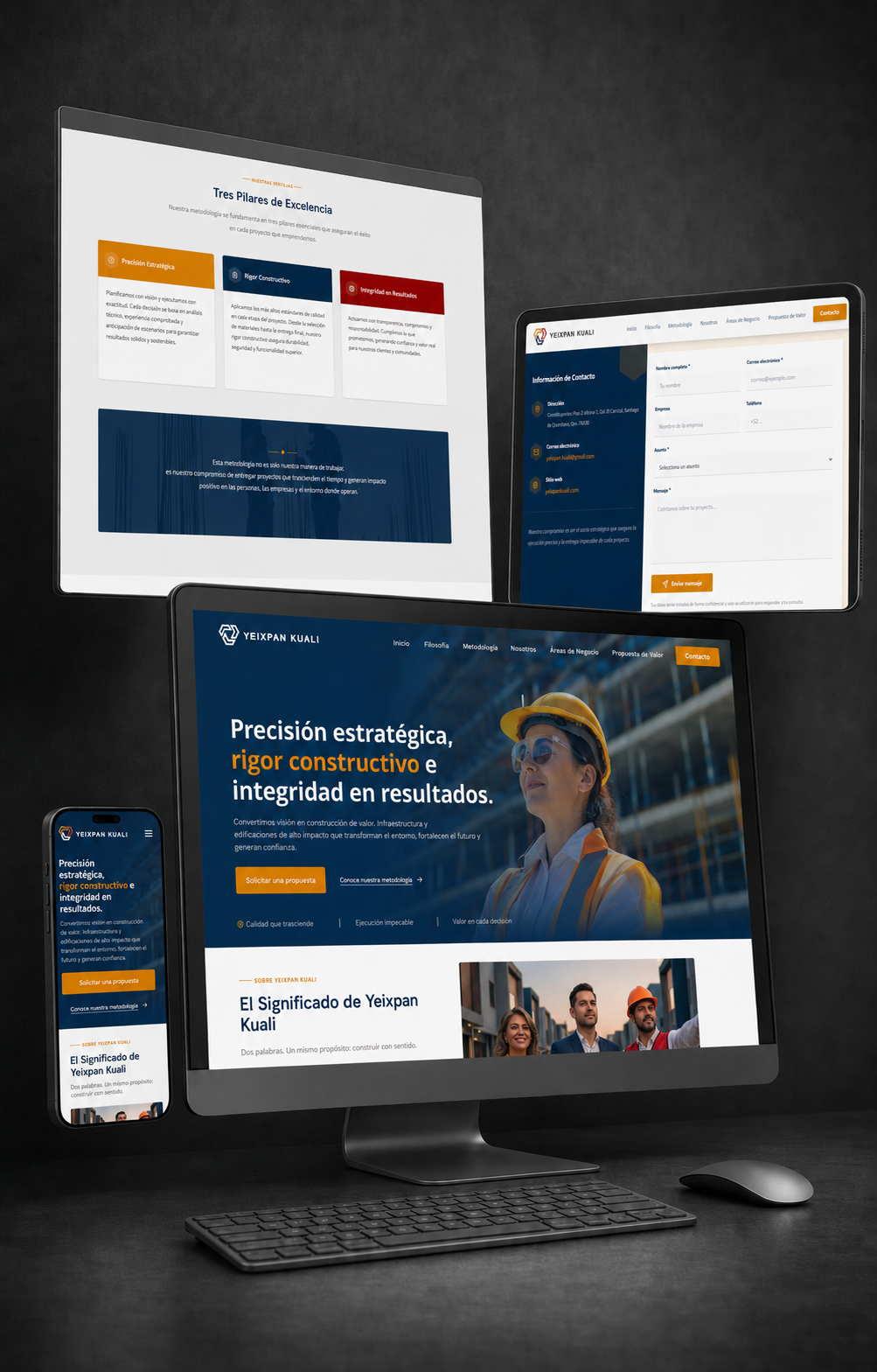 Sitio web de constructora profesional mostrado en computadora, tablet y celular